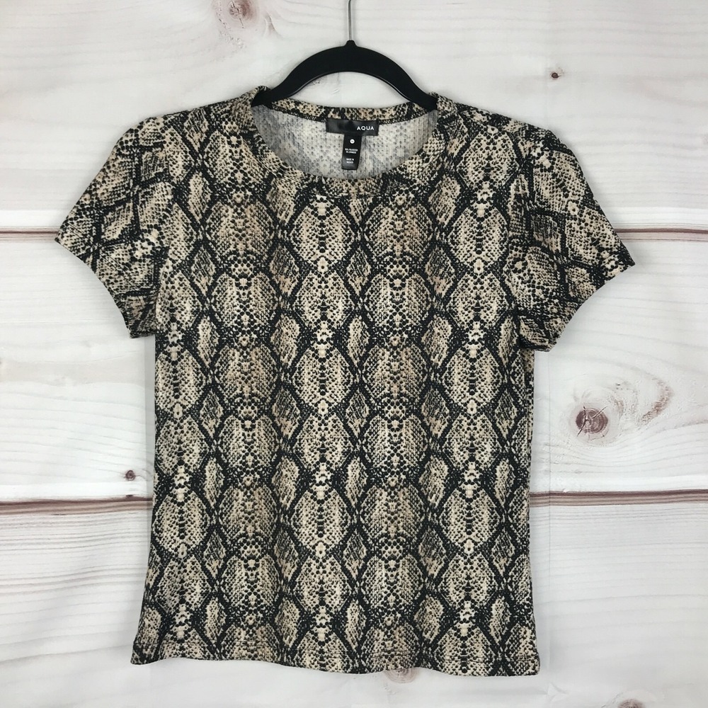 Aqua Top Womens M Black Beige T-Shirt Snakeskin Print Cropped Slim Fit Crew Neck